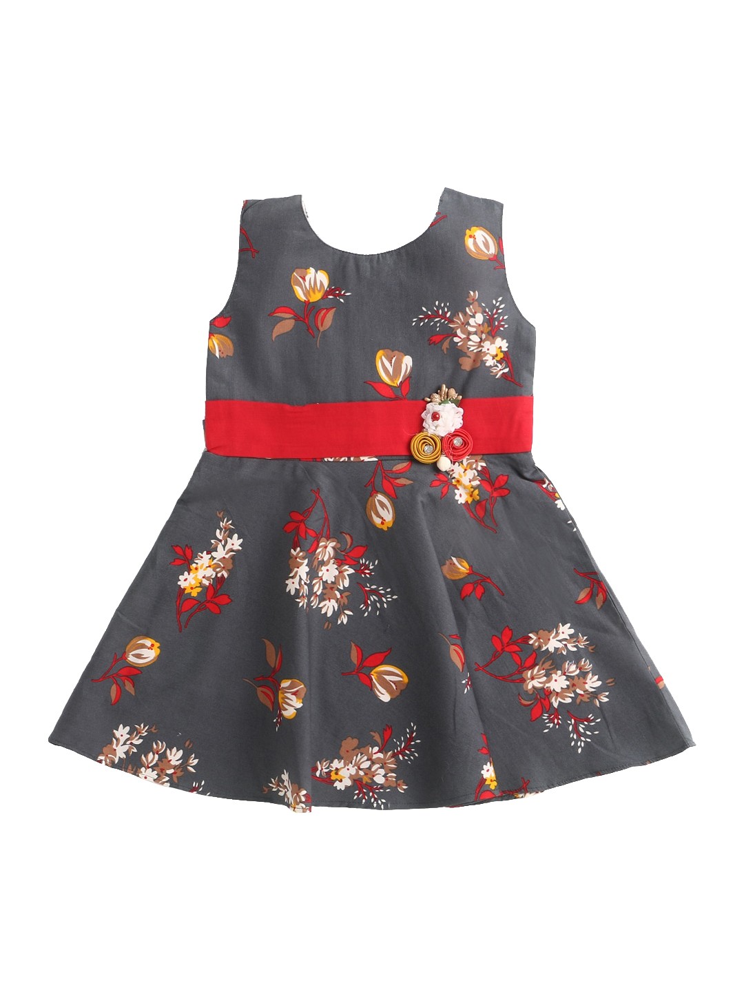 

The Magic Wand Grey & Red Floral A-Line Dress