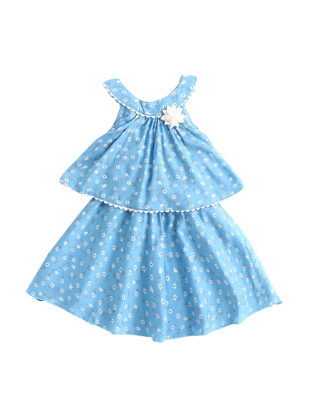 

The Magic Wand Girls Blue & White Floral Printed Layered Fit & Flare Dress