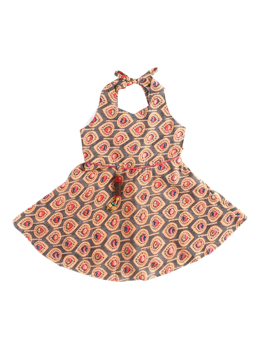 

The Magic Wand Girls Peach-Coloured Ethnic Motifs Halter Neck Dress