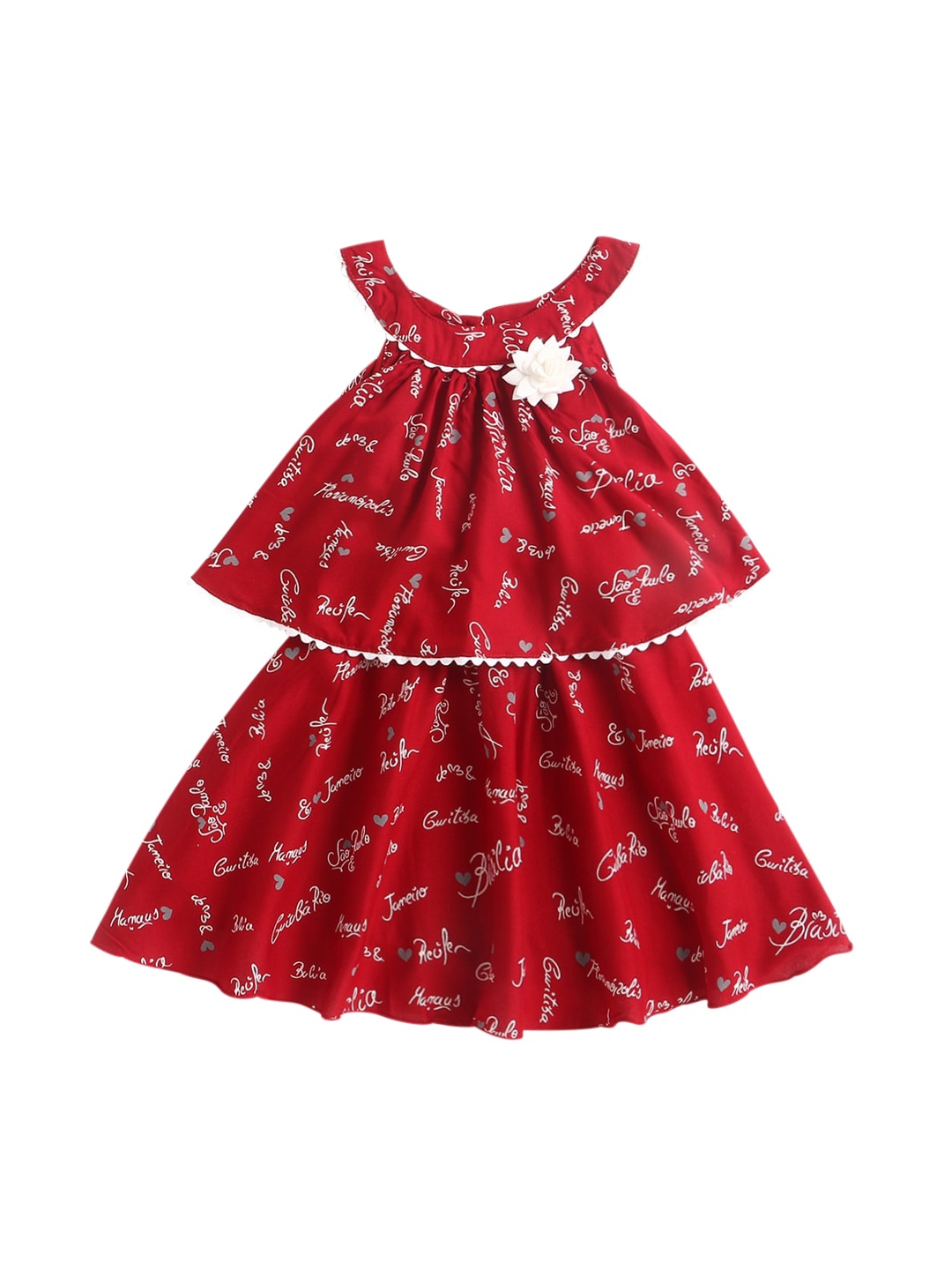 

The Magic Wand Girls Red & White Typography Printed Layered Fit & Flare Dress