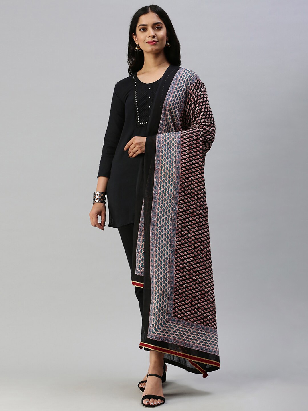 

Soch Black & Red Pure Cotton Block Print Dupatta with Gotta Patti