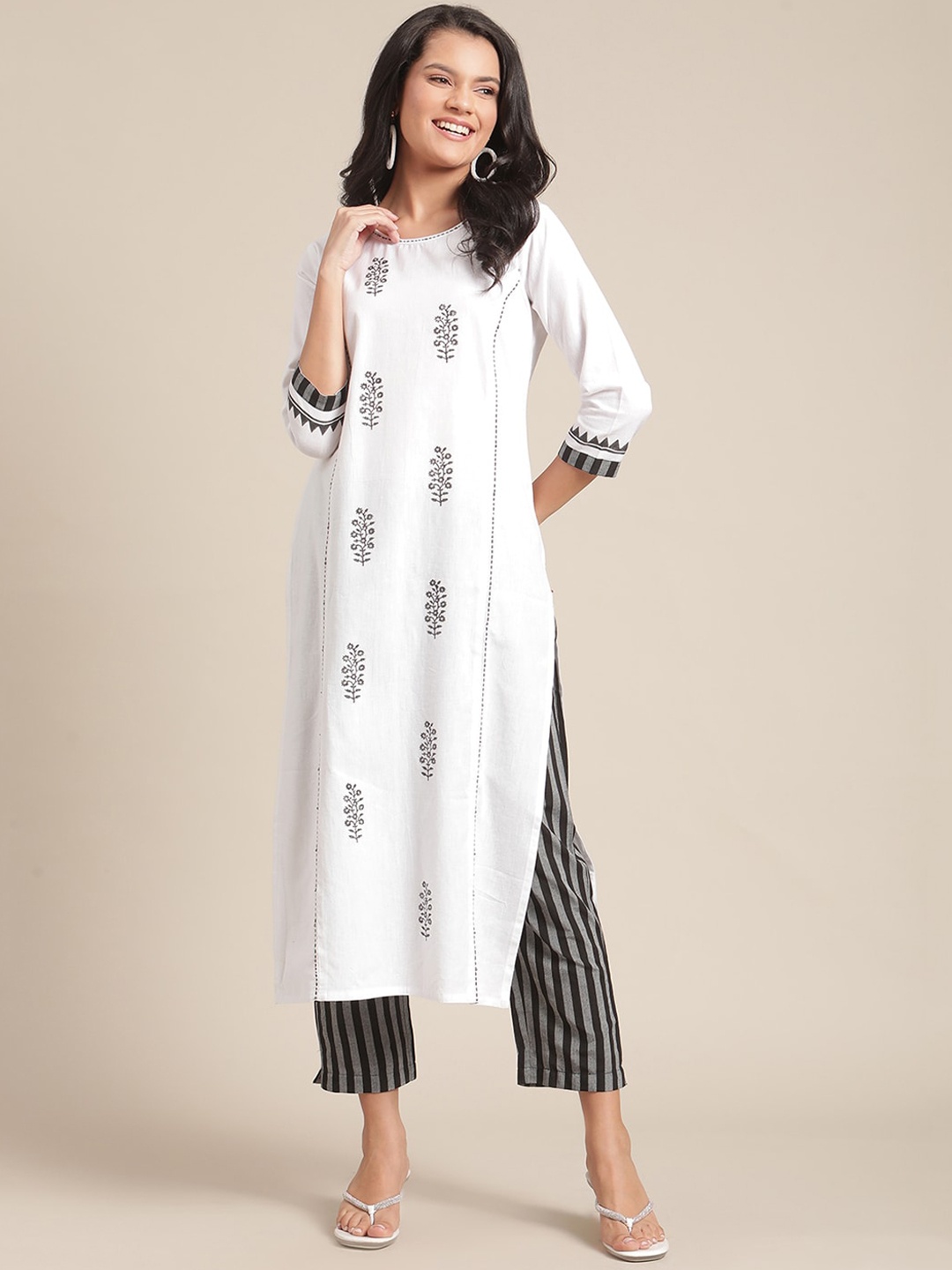 

KSUT Women White & Black Ethnic Motifs Block Printed & Kantha Work Kurta with Trousers