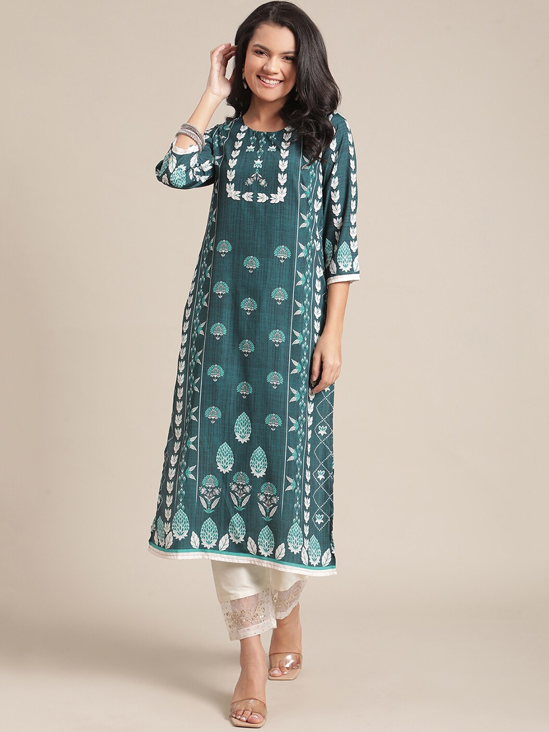 

KSUT Women Green Ethnic Motifs Printed Crepe Kurta