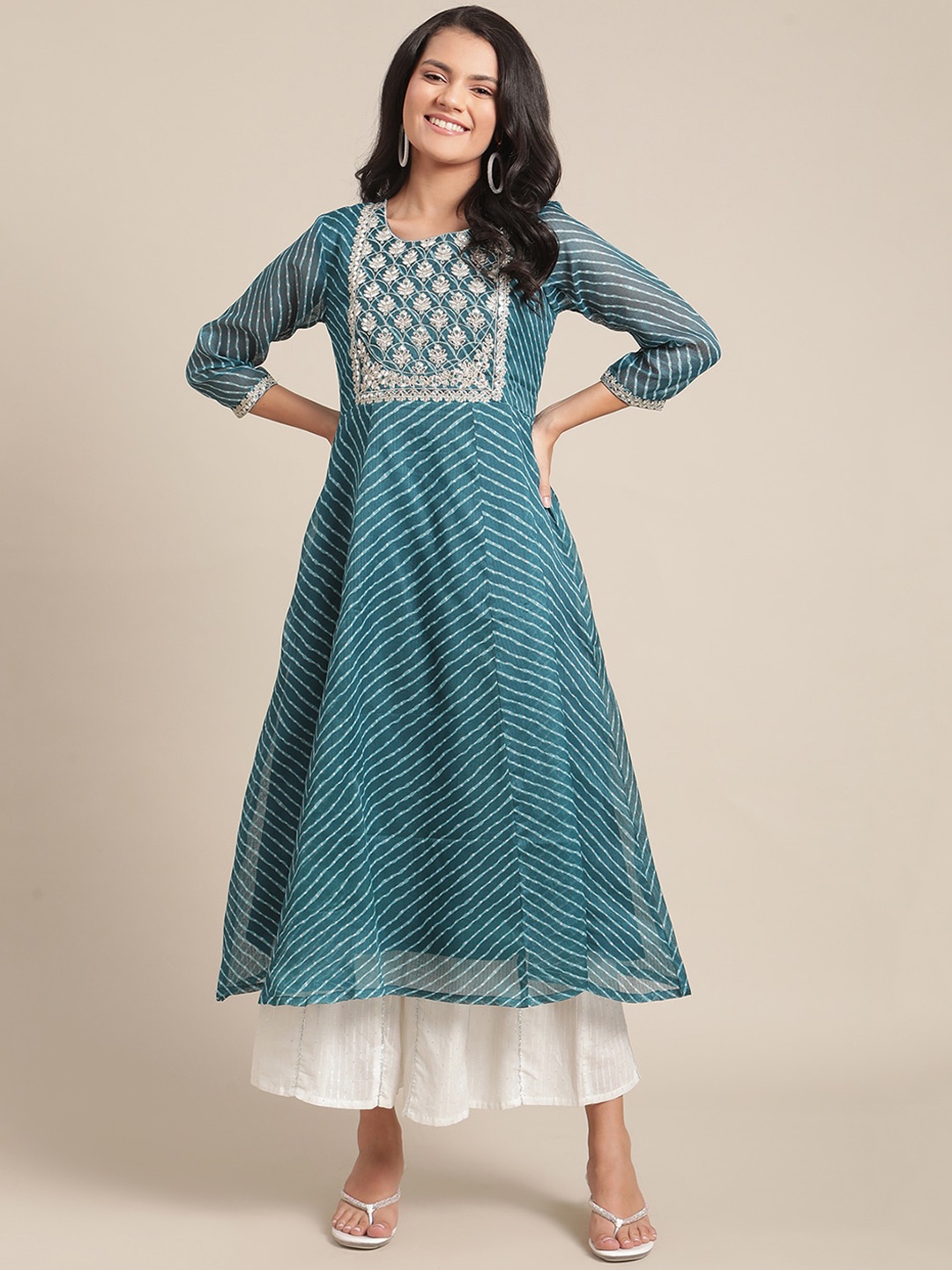 

KSUT Women Blue & White Geometric Striped Gotta Patti Anarkali Kurta