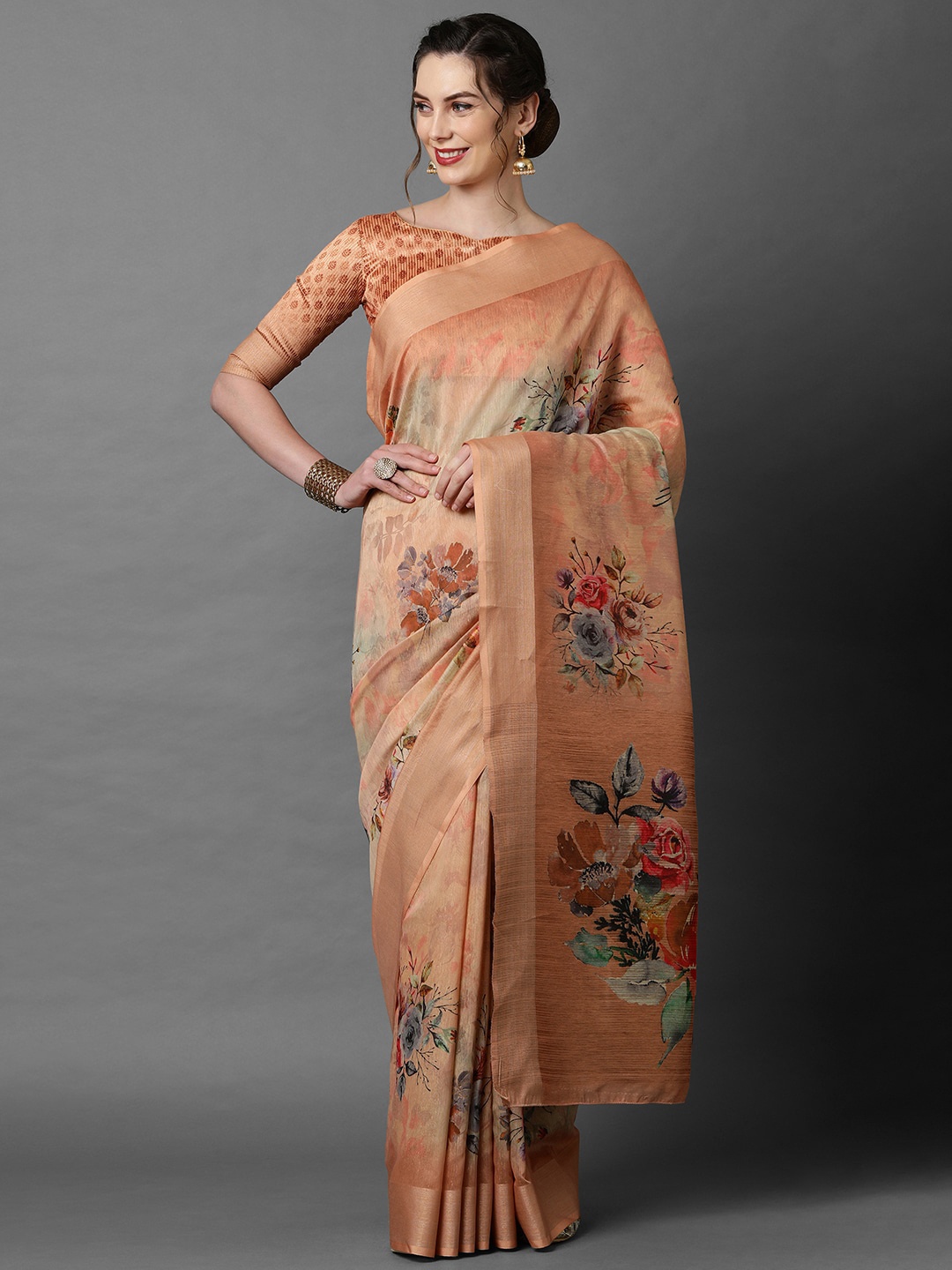 

Mitera Peach-Coloured Floral Printed Saree