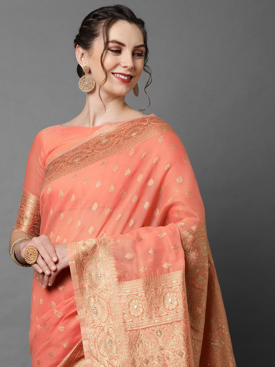 

Mitera Peach-Coloured & Gold Floral Woven Design Silk Blend Banarasi Saree