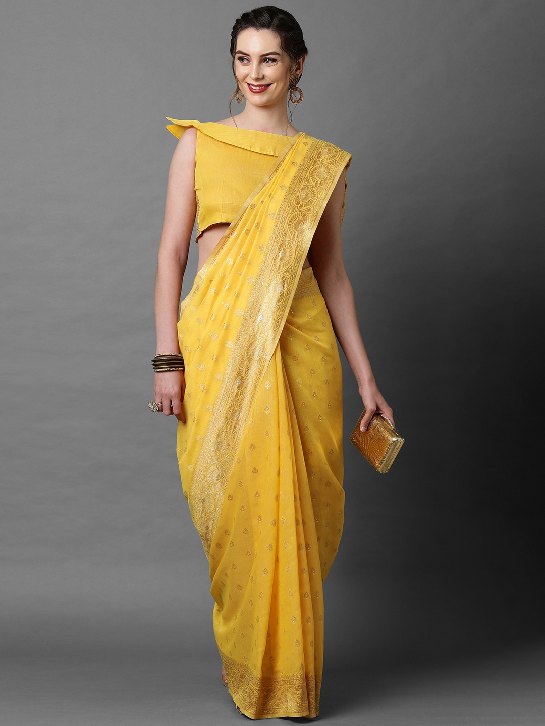 

Mitera Yellow Silk Blend Ethnic Motif Woven Design Banarasi Saree