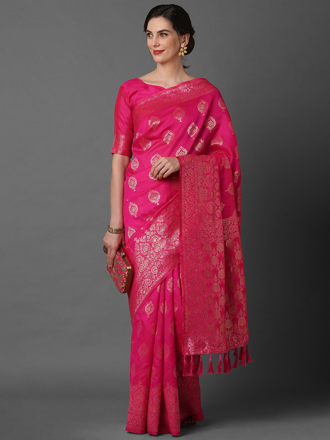 

Mitera Pink Floral Silk Blend Banarasi Saree