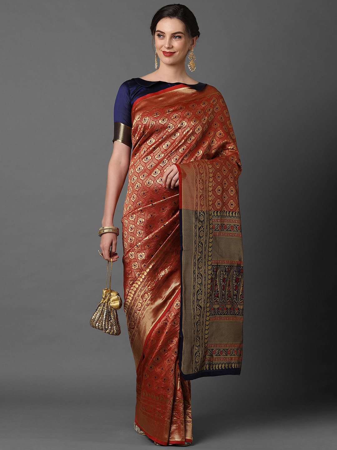 

Mitera Red & Navy Blue Ethnic Motifs Woven Design Zari Silk Blend Banarasi Saree