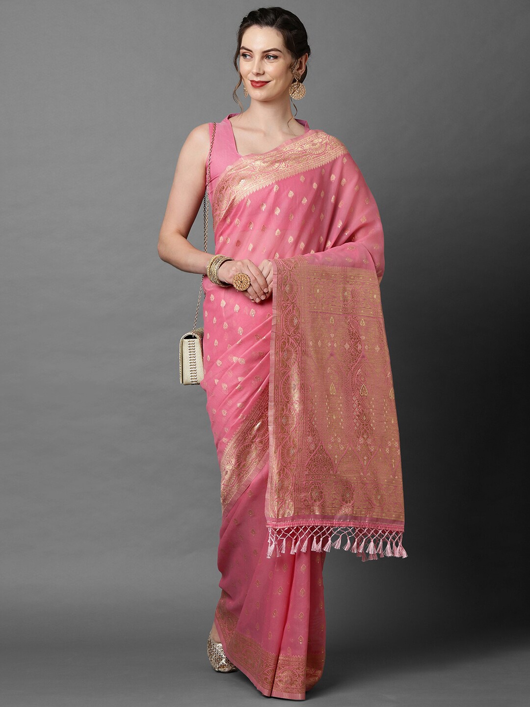 

Mitera Pink & Gold-Toned Woven Design Zari Silk Blend Banarasi Saree