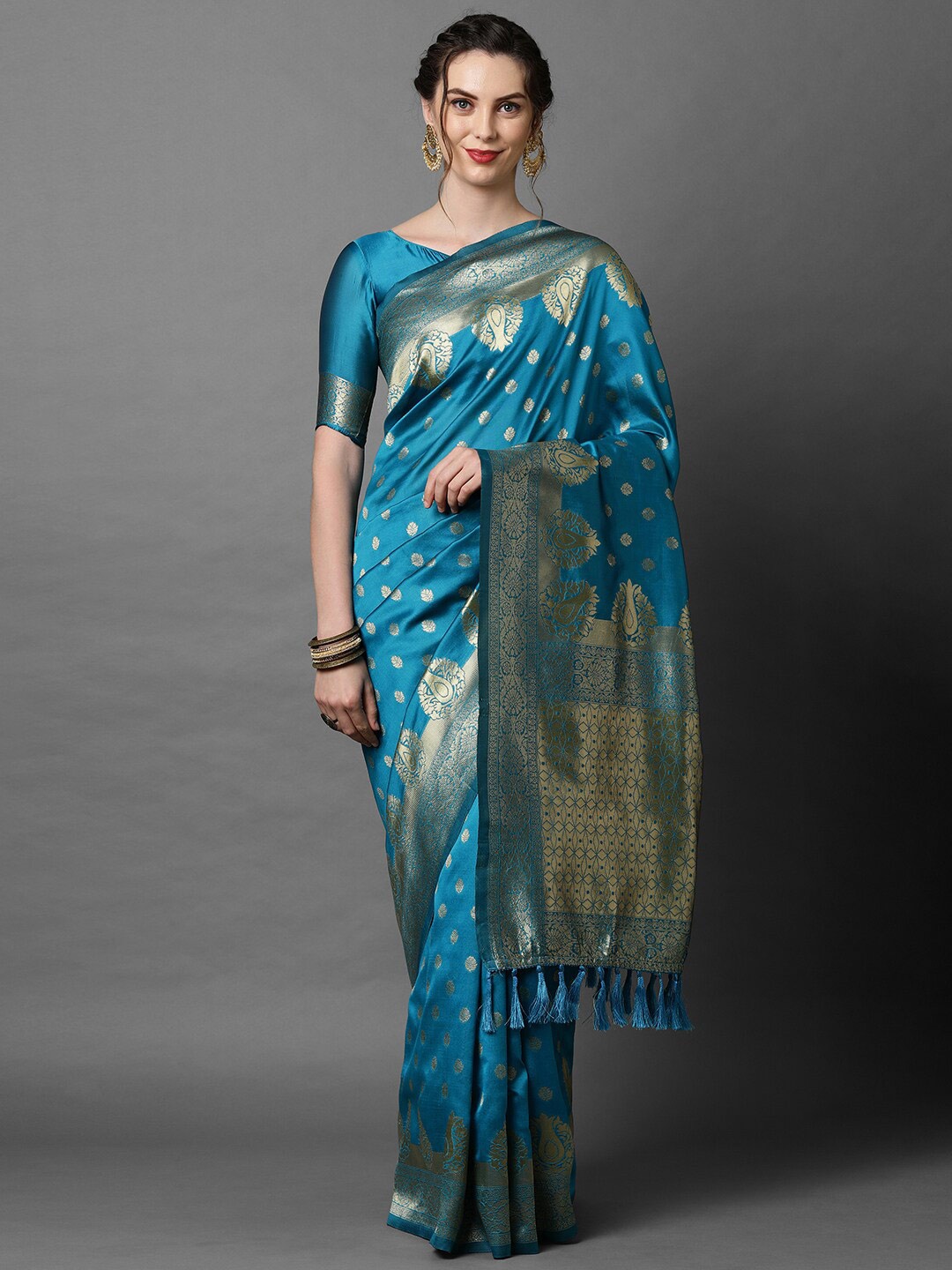 

Mitera Blue & Gold Ethnic Motifs Woven Design Silk Blend Banarasi Saree