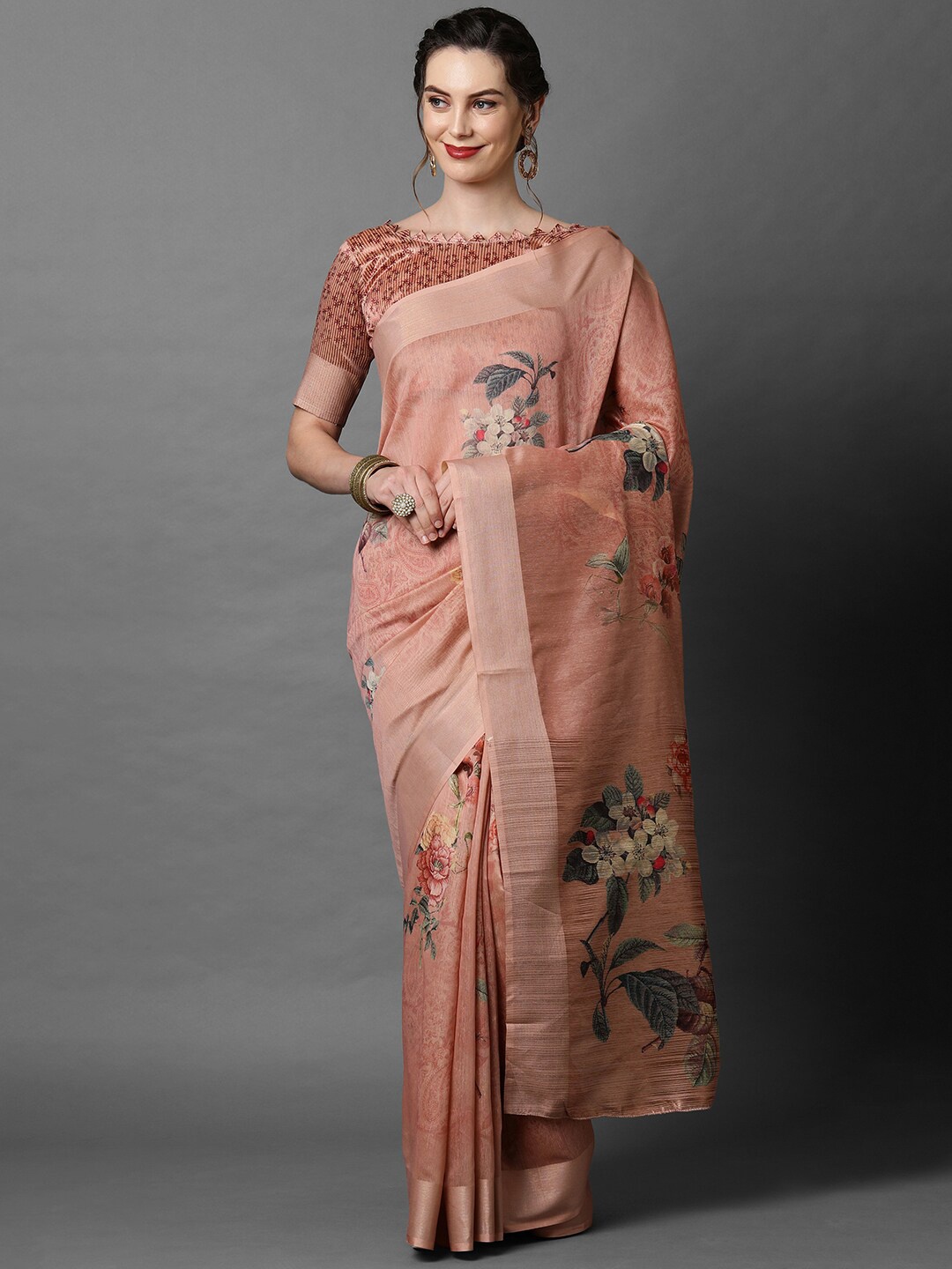 

Mitera Peach-Coloured Floral Saree