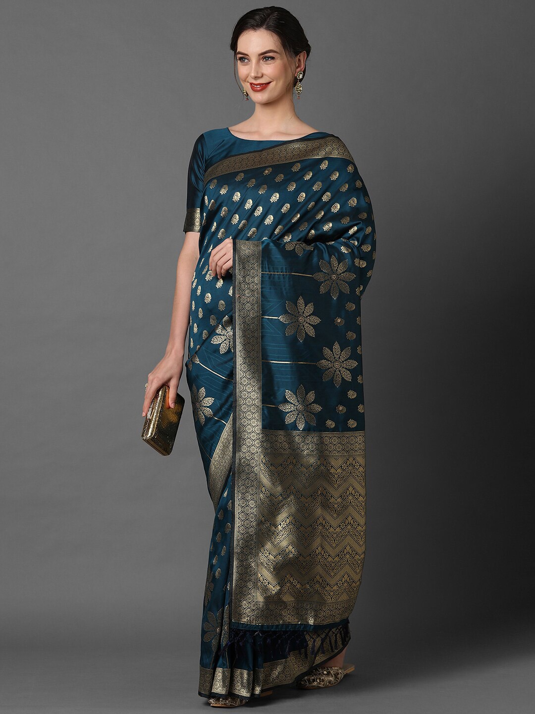 

Mitera Teal Blue & Gold-Toned Floral Zari Banarasi Saree