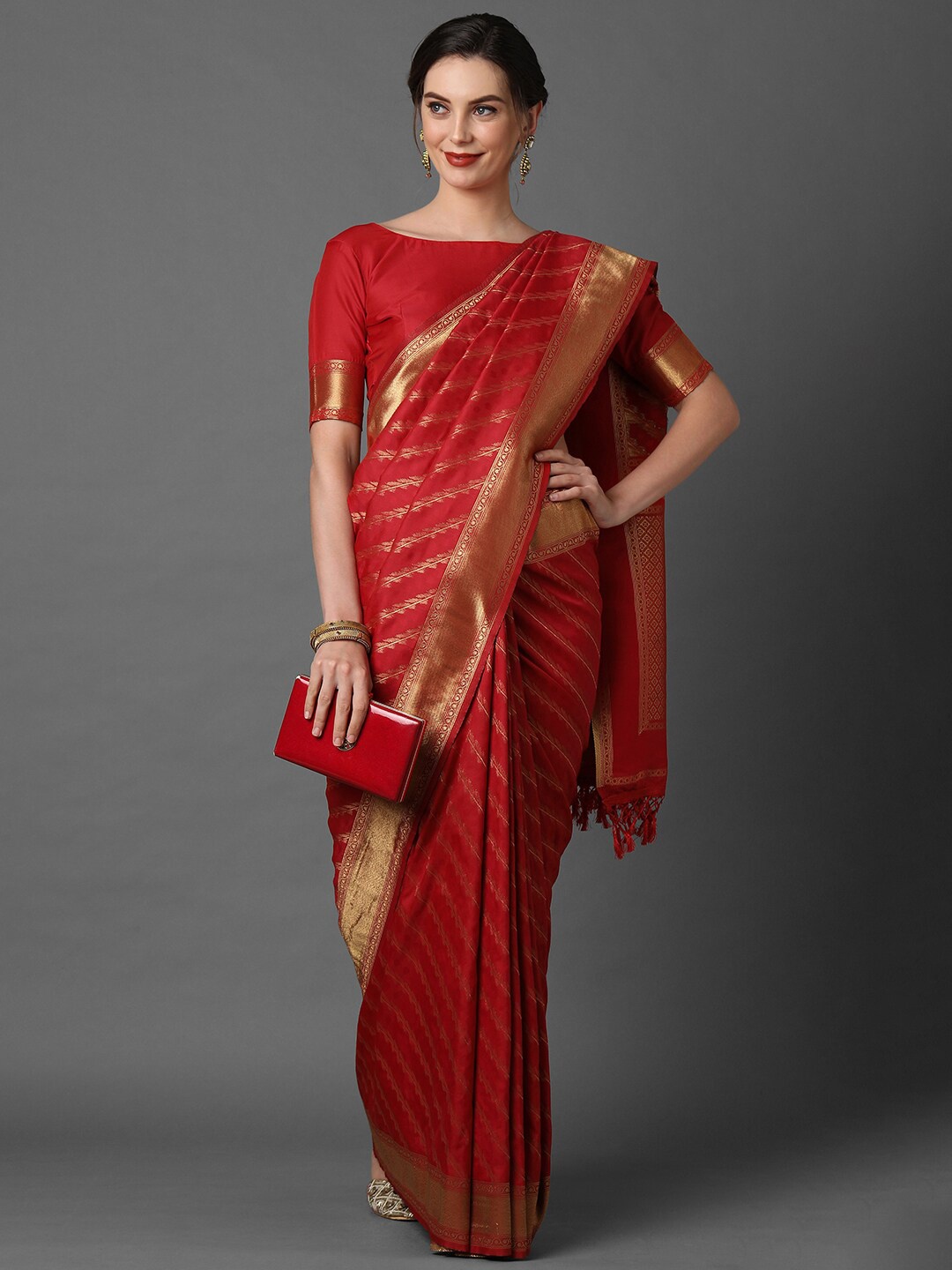 

Mitera Red Striped Silk Blend Banarasi Saree