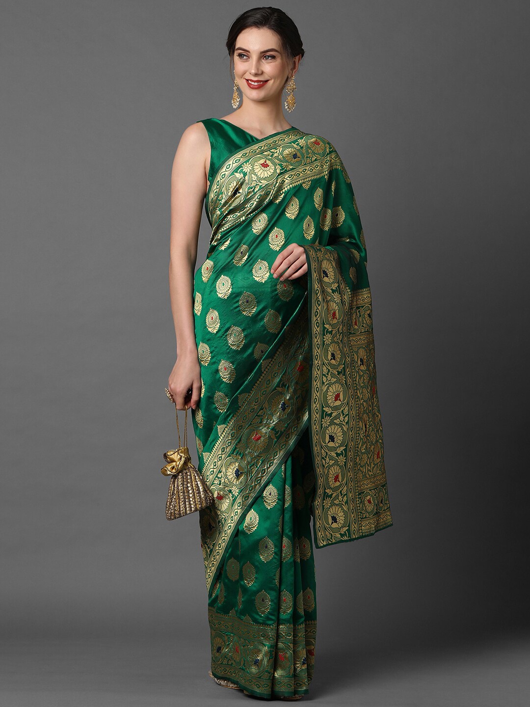 

Mitera Green & Gold Ethnic Motifs Woven Design Zari Silk Blend Banarasi Saree