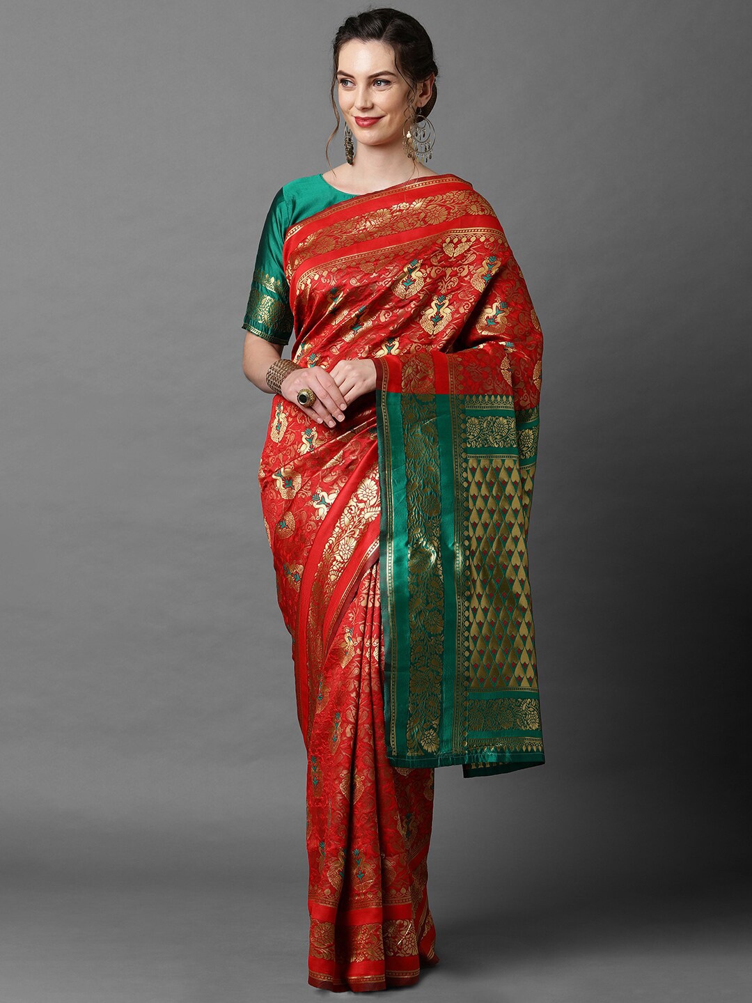 

Mitera Red & Green Ethnic Motifs Silk Blend Banarasi Saree