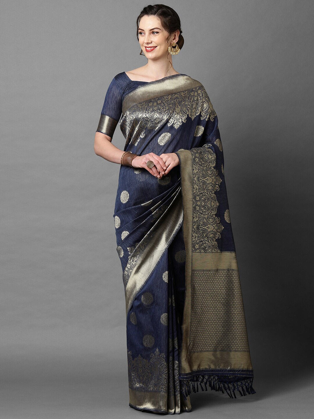 

Mitera Navy Blue Floral Silk Blend Banarasi Saree