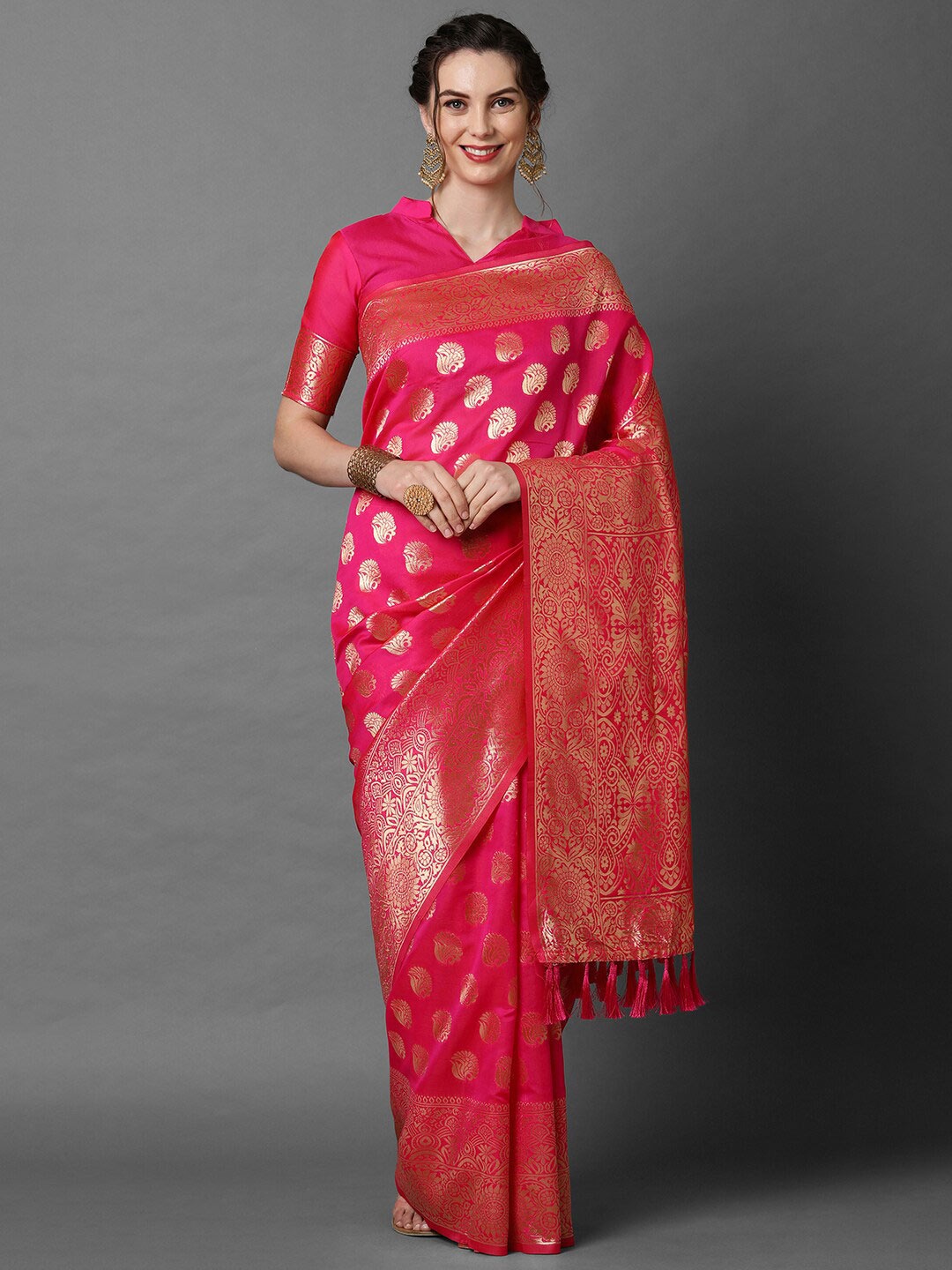 

Mitera Pink & Gold-Toned Woven Design Zari Silk Blend Banarasi Saree