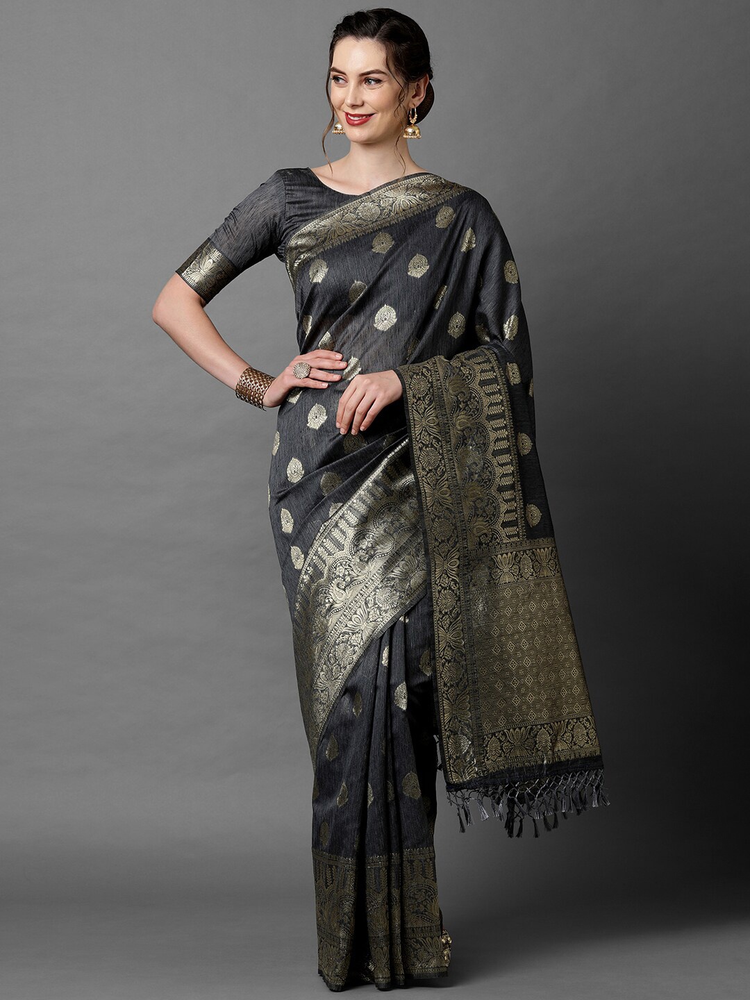 

Mitera Grey & Gold Ethnic Motifs Silk Blend Banarasi Saree