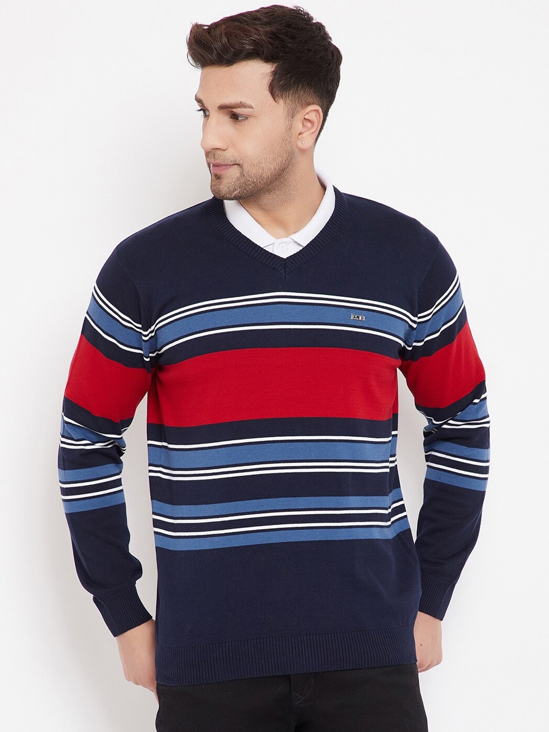 

98 Degree North Men Navy Blue & Red Striped Cotton Regular Sweater Vest