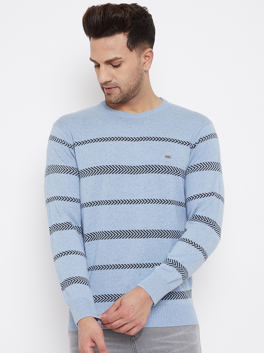 

98 Degree North Men Blue Striped Full Sleeves Sweater