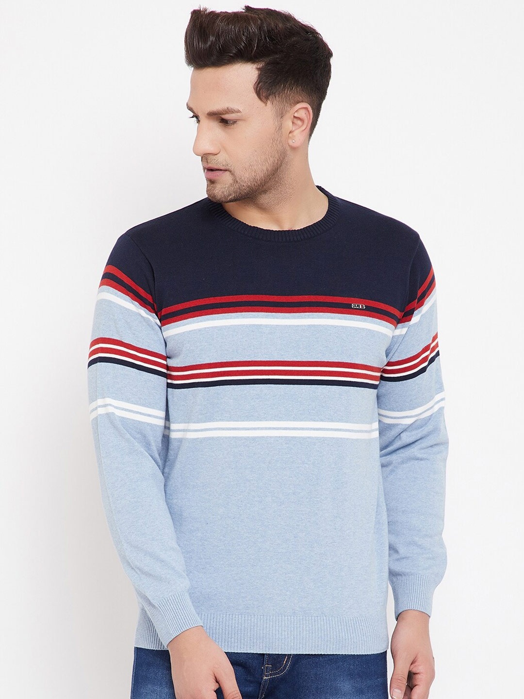 

98 Degree North Men Blue Striped Full Sleeve Sweater