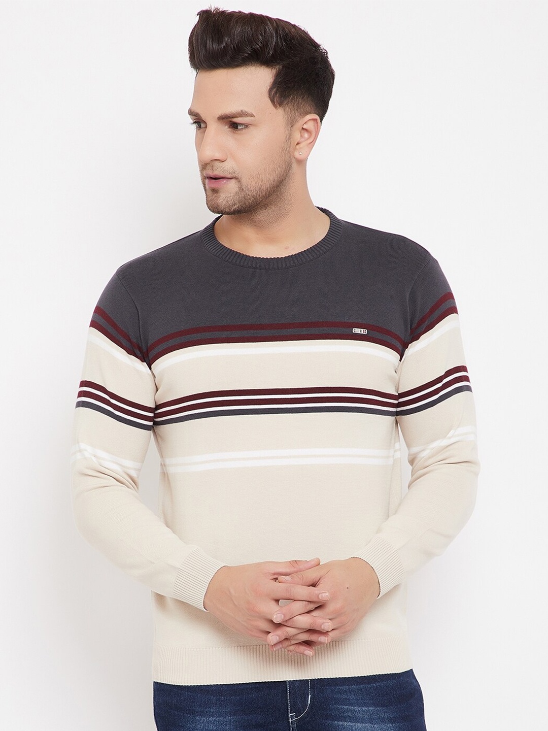 

98 Degree North Beige Striped Round Full Sleeves Sweater