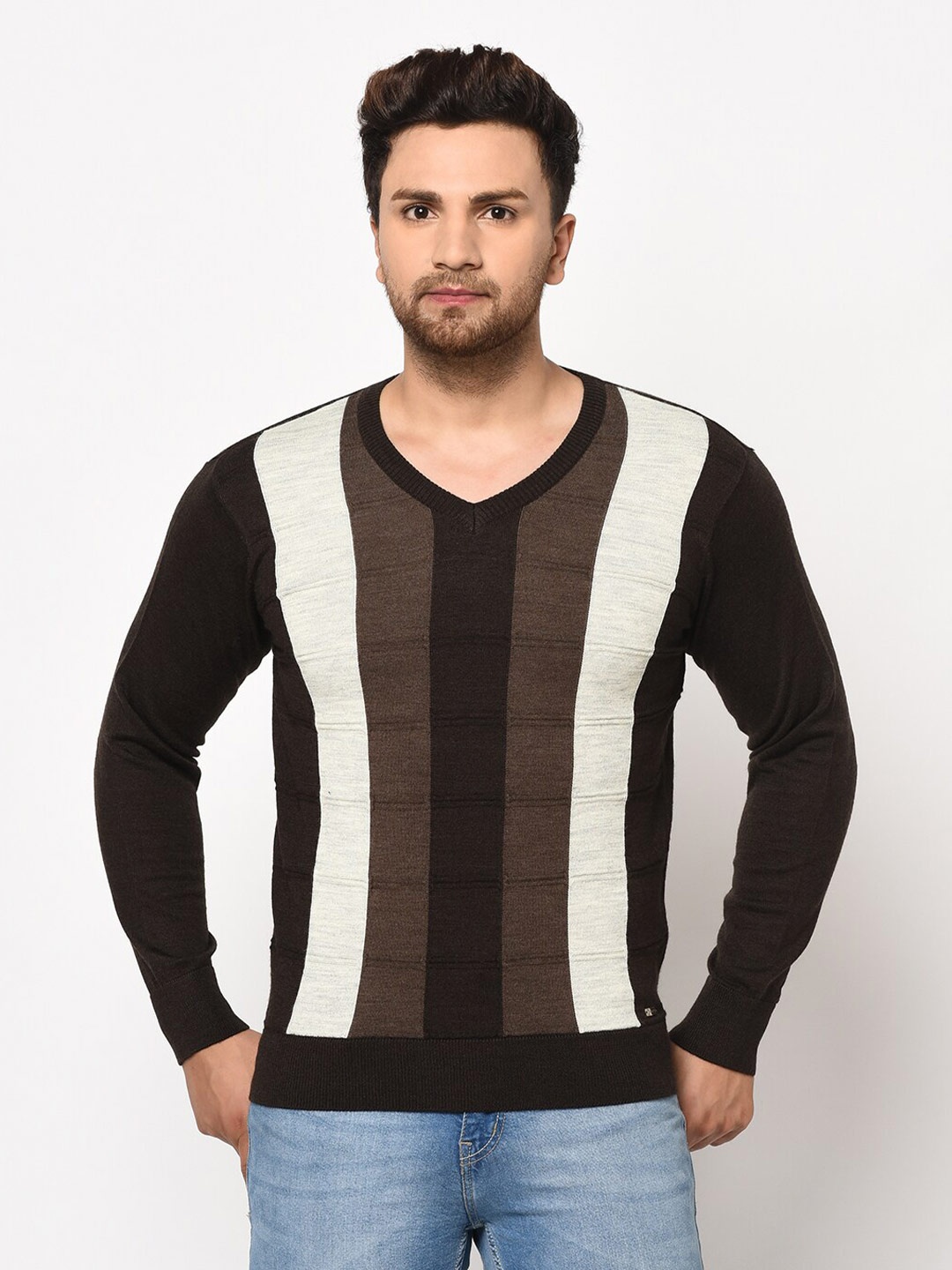 

98 Degree North Men Coffee Brown Striped V Neck Full Sleeves Sweater