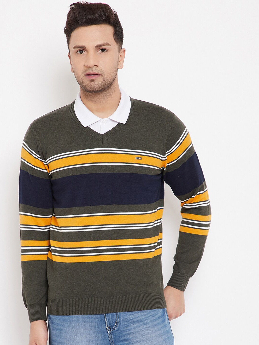 

98 Degree North Men Olive Green & Multicoloured Striped Cotton Regular Sweater Vest