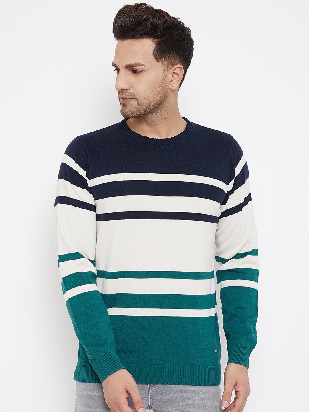 

98 Degree North Men Green Striped Full Sleeves Sweater