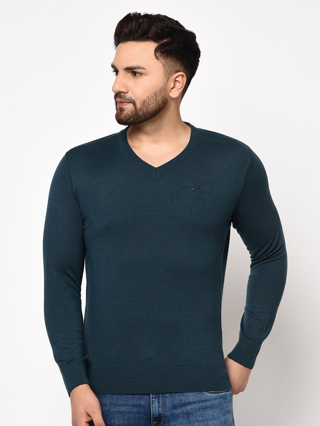 

98 Degree North Men Teal Solid V Neck Full Sleeves Sweater