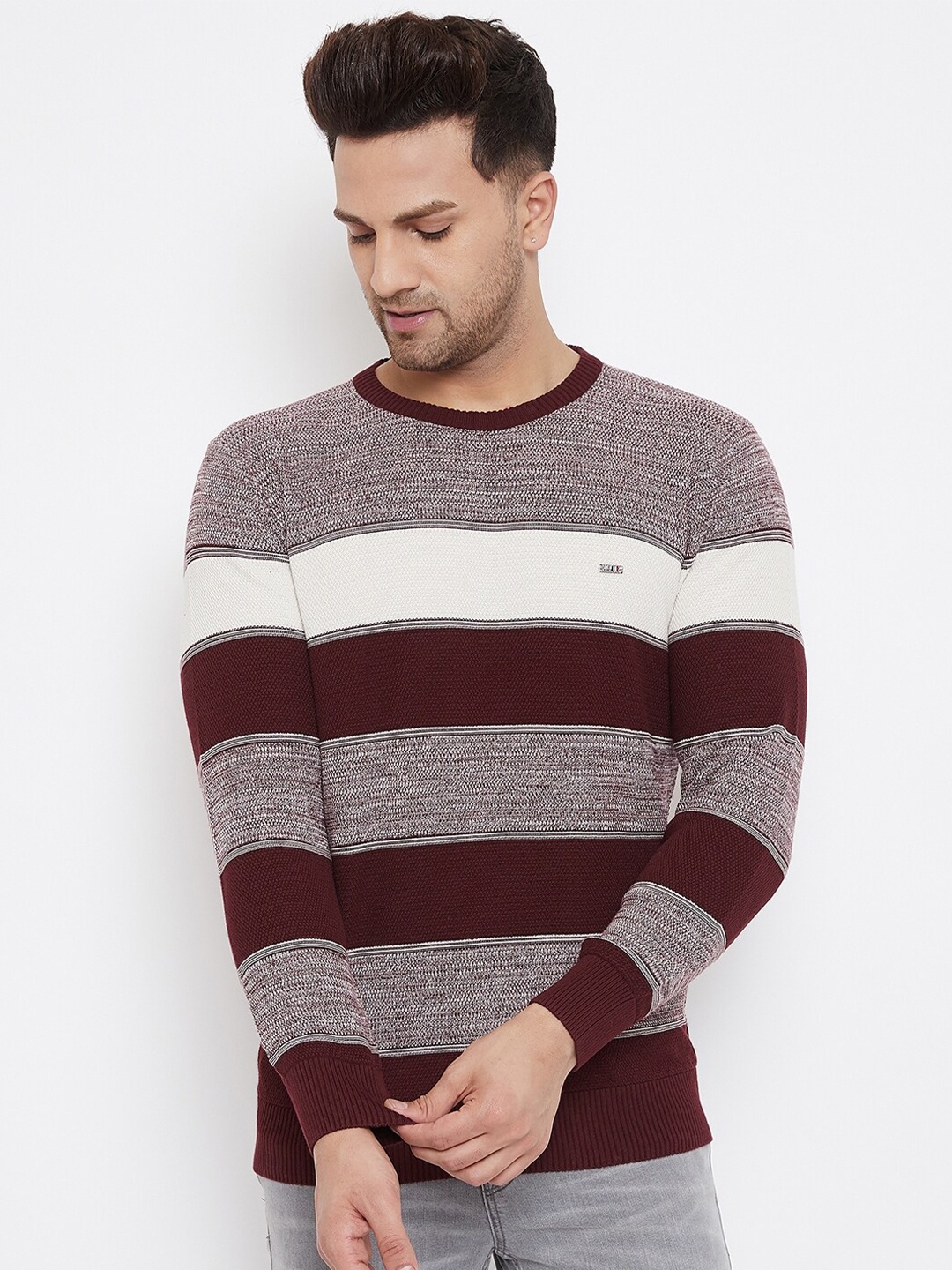 

98 Degree North Men Burgundy Striped Round Full Sleeves Sweater