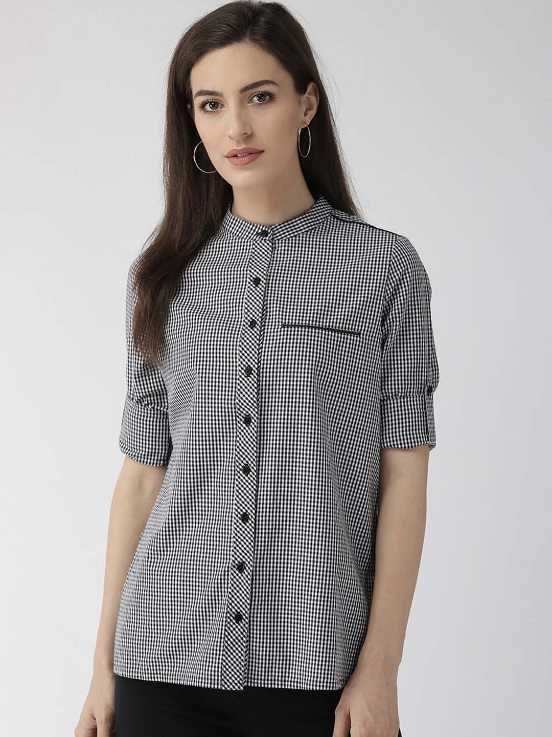 

Xpose Women Black& White Micro Checks Checked Casual Shirt