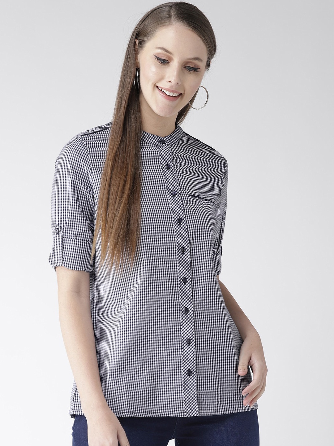 

Xpose Women Navy Blue & White Micro Checked Opaque Casual Shirt