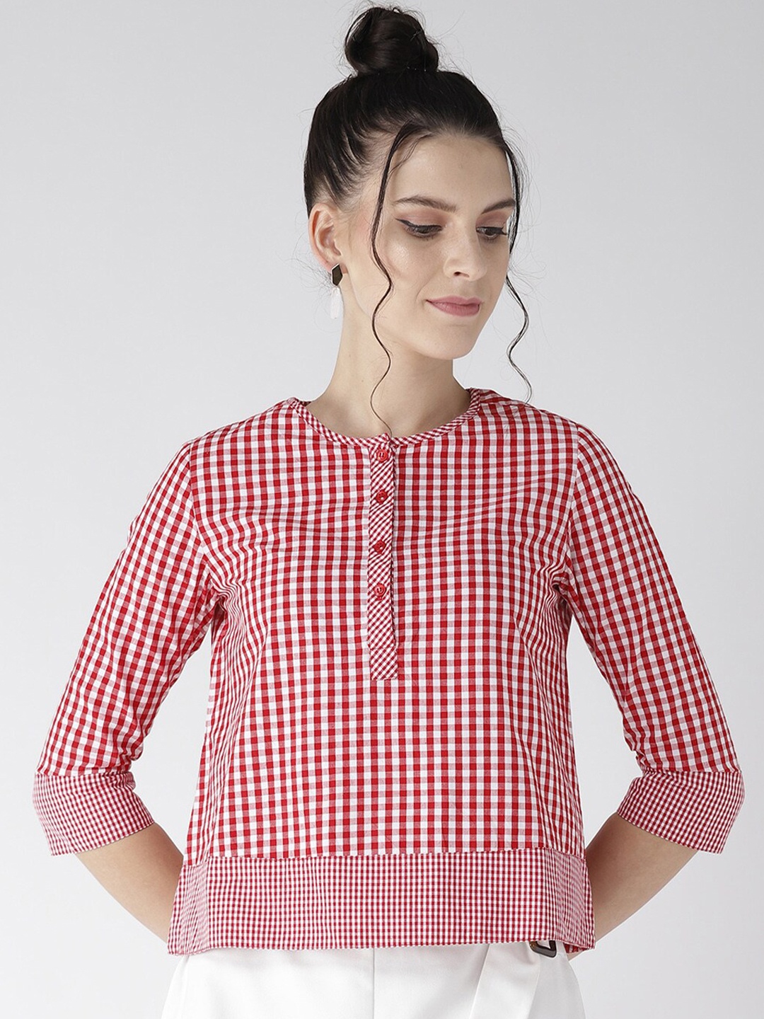 

Xpose Women Red & White Checked Cotton Shirt Style Top