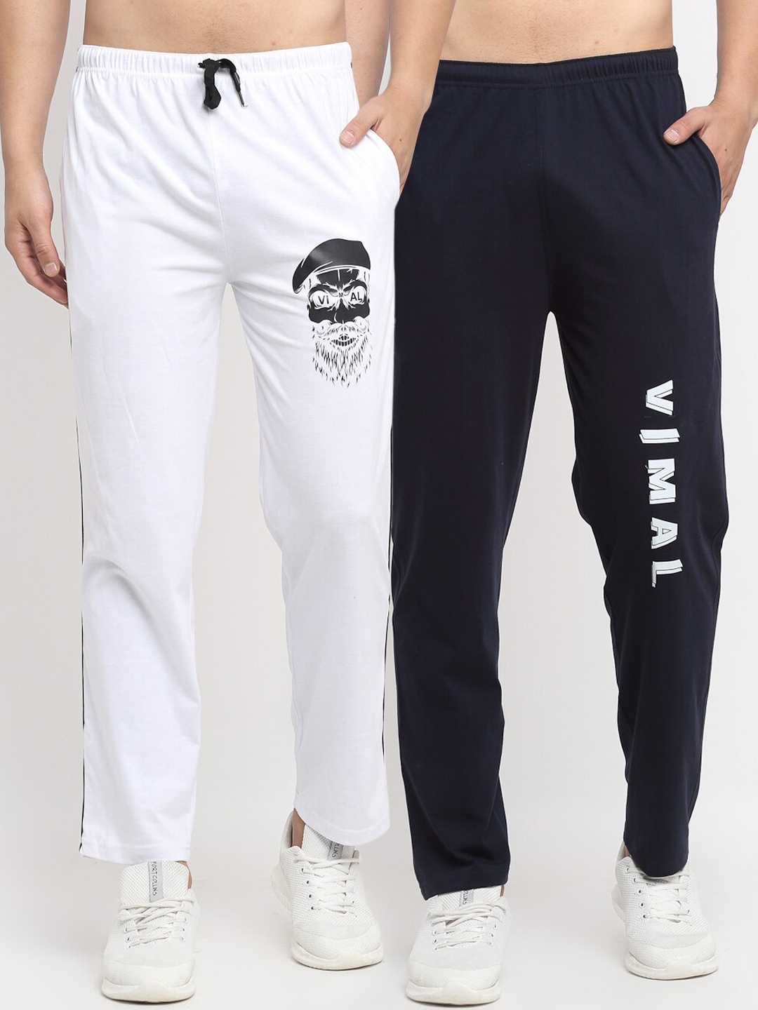 

VIMAL JONNEY Mens White & Navy Blue Pack of 2 Cotton Track Pants