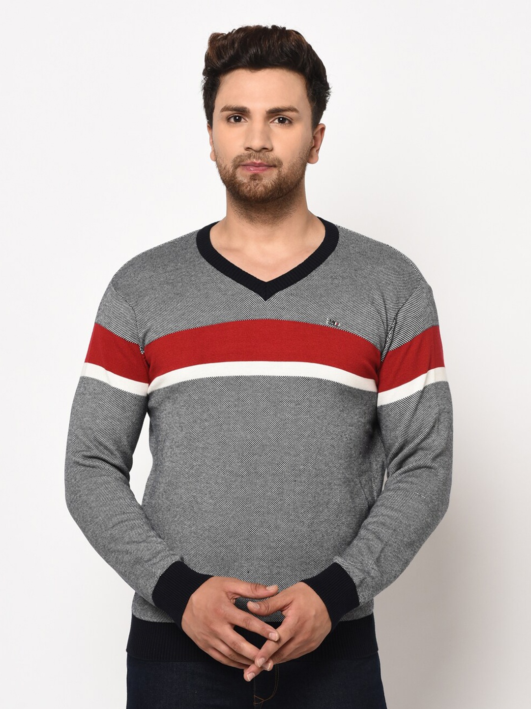 

98 Degree North Men Grey & Red Striped Pullover