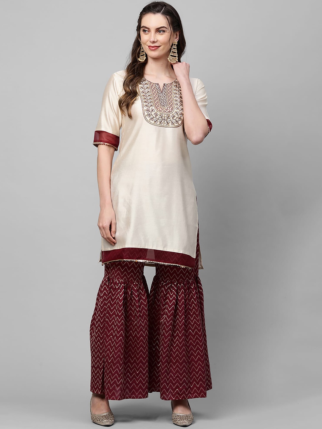 

Indo Era Women Off White Embroidered Panelled Liva Kurta with Sharara