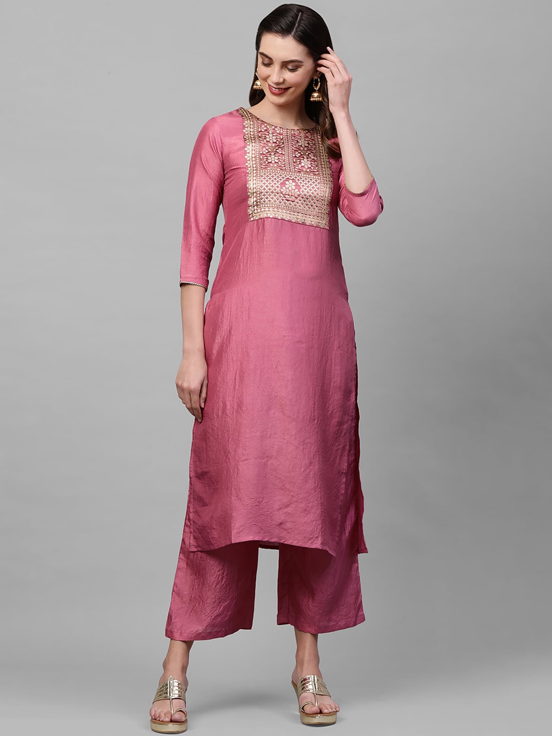

Indo Era Women Pink Ethnic Motifs Yoke Design Thread Work Kurta