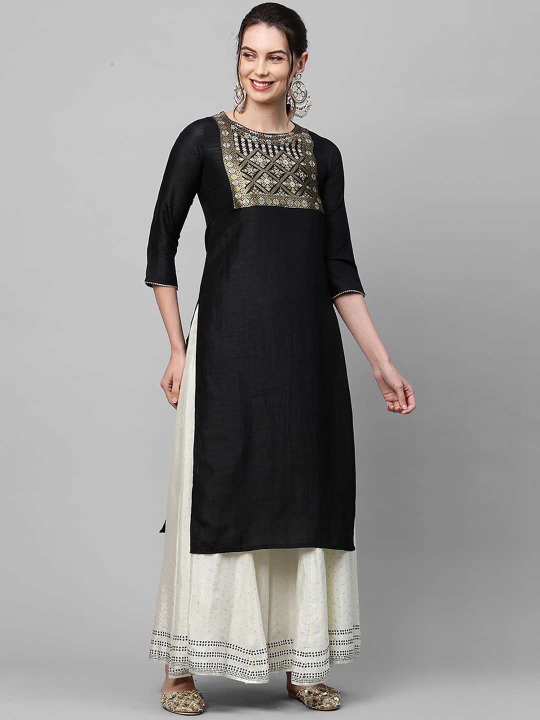 

Indo Era Women Black & Gold-Coloured Geometric Yoke Design Thread Work A-line Kurta