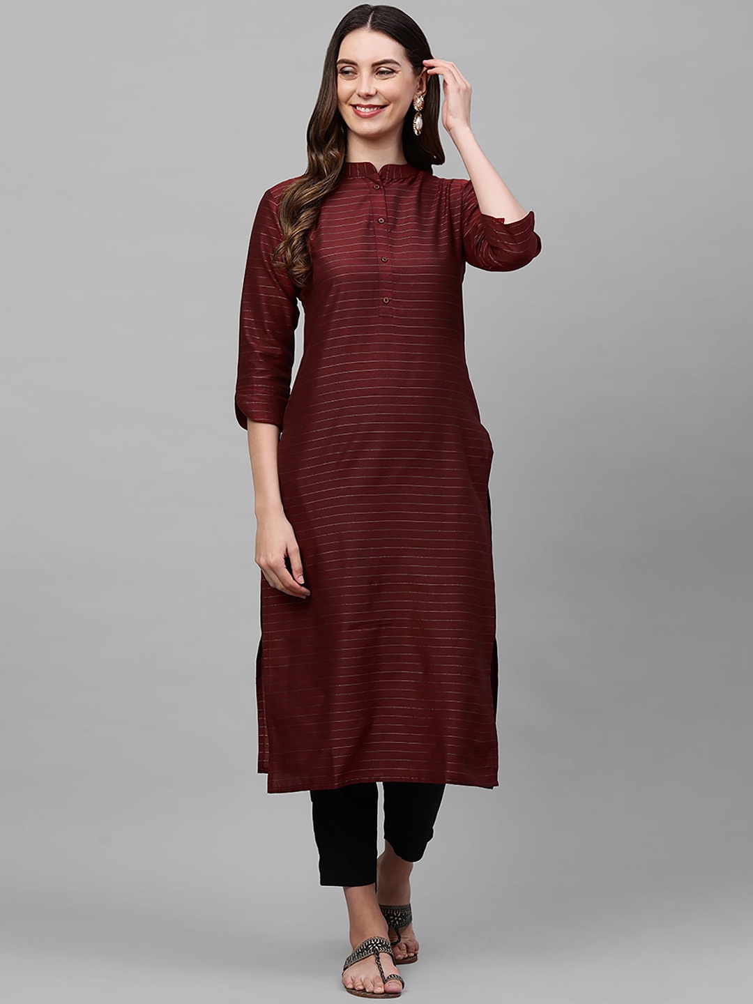 

Indo Era Women Maroon Striped Pure Cotton Kurta with Trousers