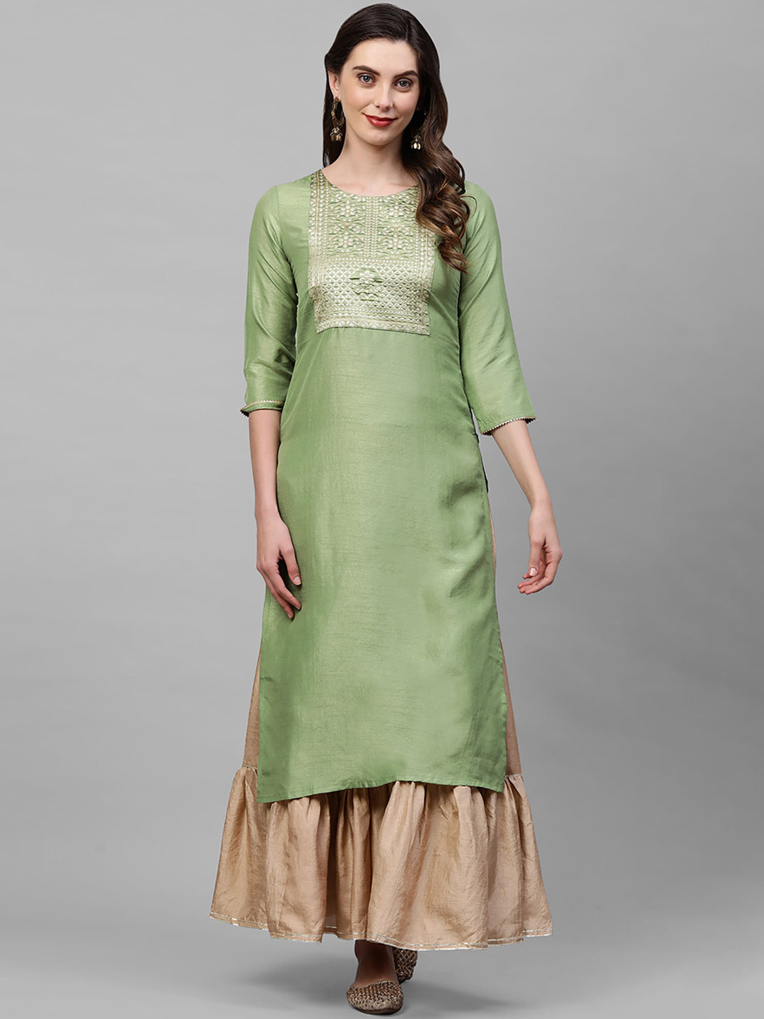 

Indo Era Ethnic Motifs Yoke Design Thread Work Kurta, Green