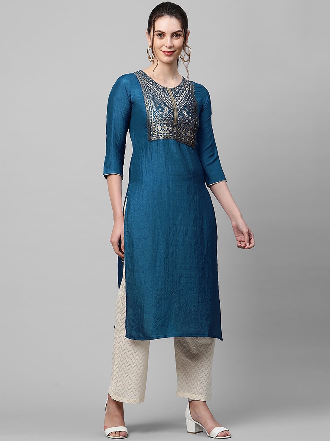 

Indo Era Ethnic Motifs Yoke Design Thread Work Kurta, Teal