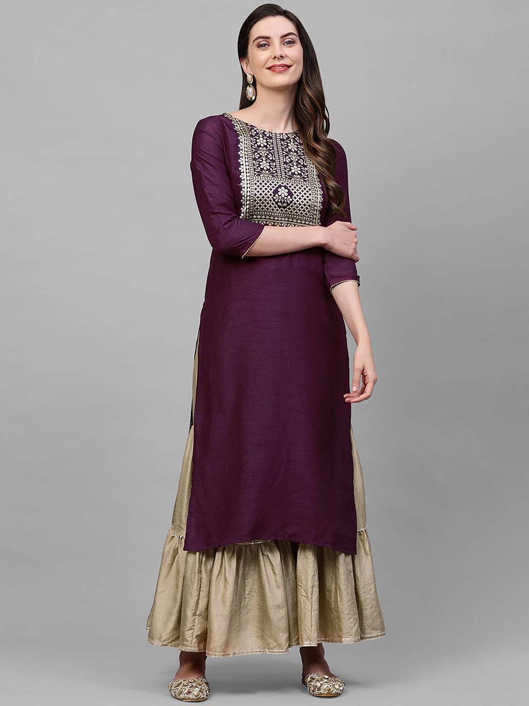 

Indo Era Women Purple Floral Yoke Design Kurta