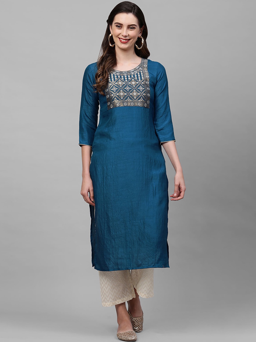 

Indo Era Women Blue Geometric Yoke Design Thread Work Kurta