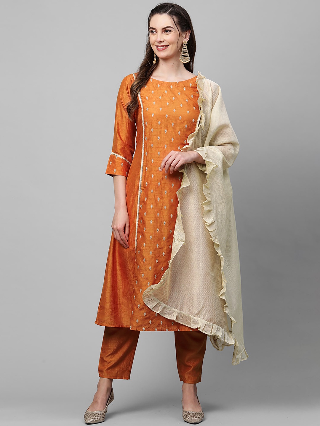 

Indo Era Women Mustard Yellow Ethnic Motifs Embroidered Kurta with Trousers & Dupatta