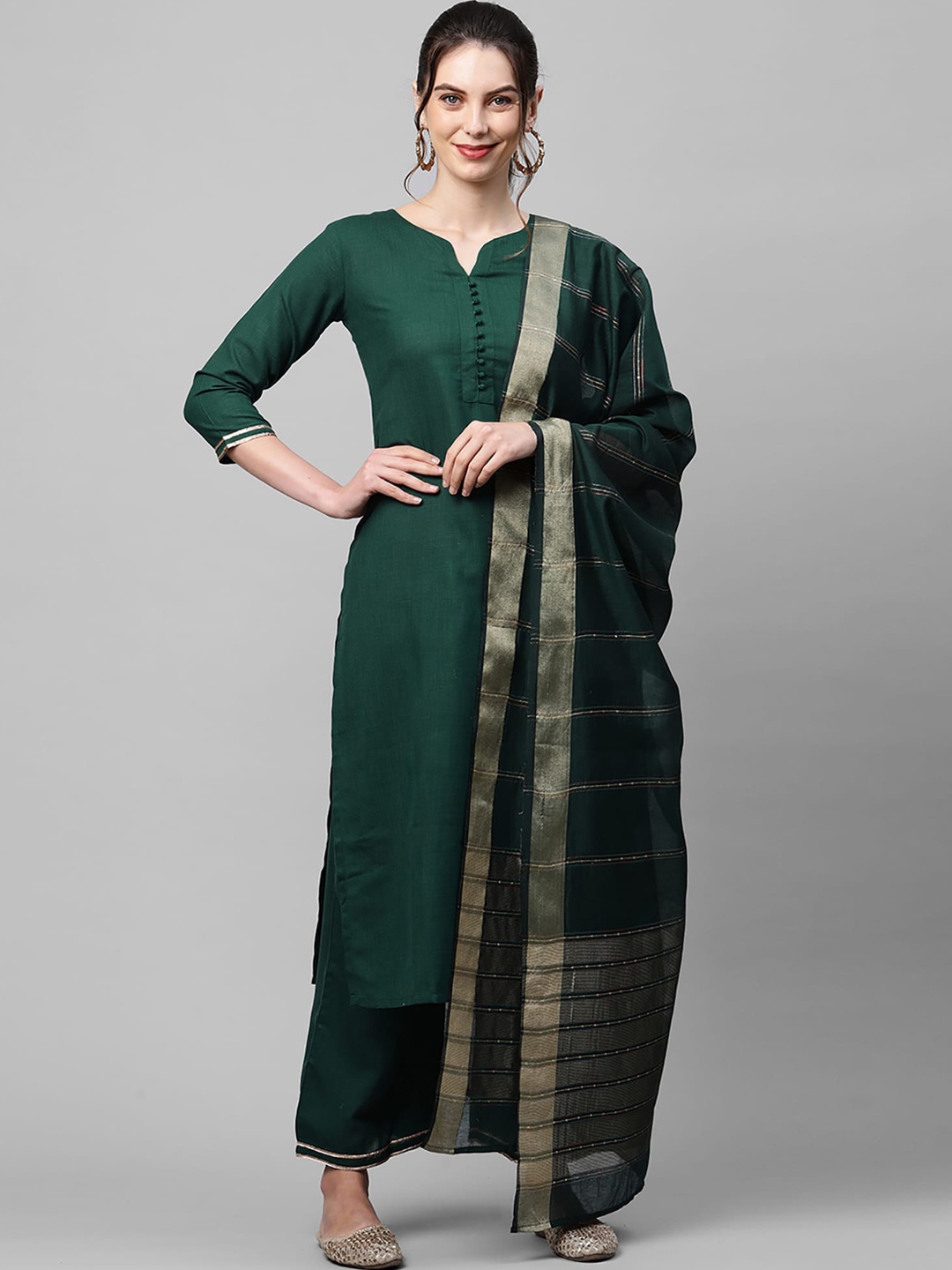 

Indo Era Women Green Pure Cotton Kurta with Palazzos & Dupatta
