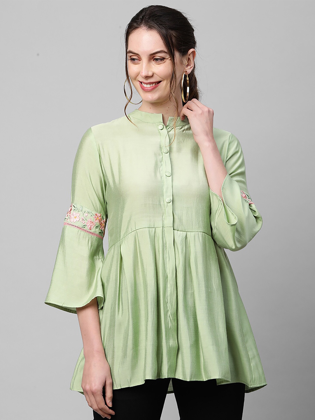 

Indo Era Olive Green Embroidered Bell Sleeves Kurti