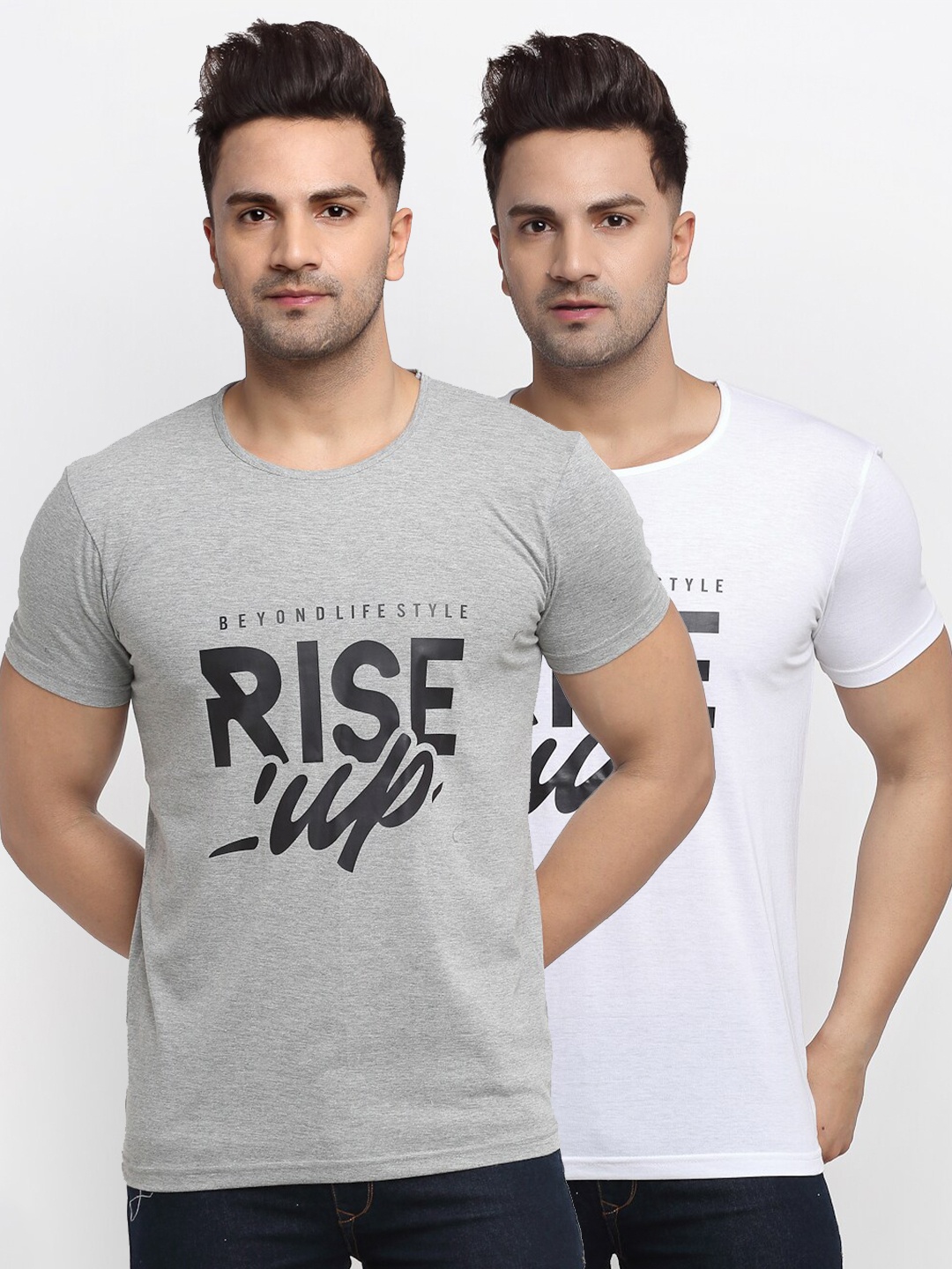 

VIMAL JONNEY Men Grey & White Pack Of 2 Printed T-shirts