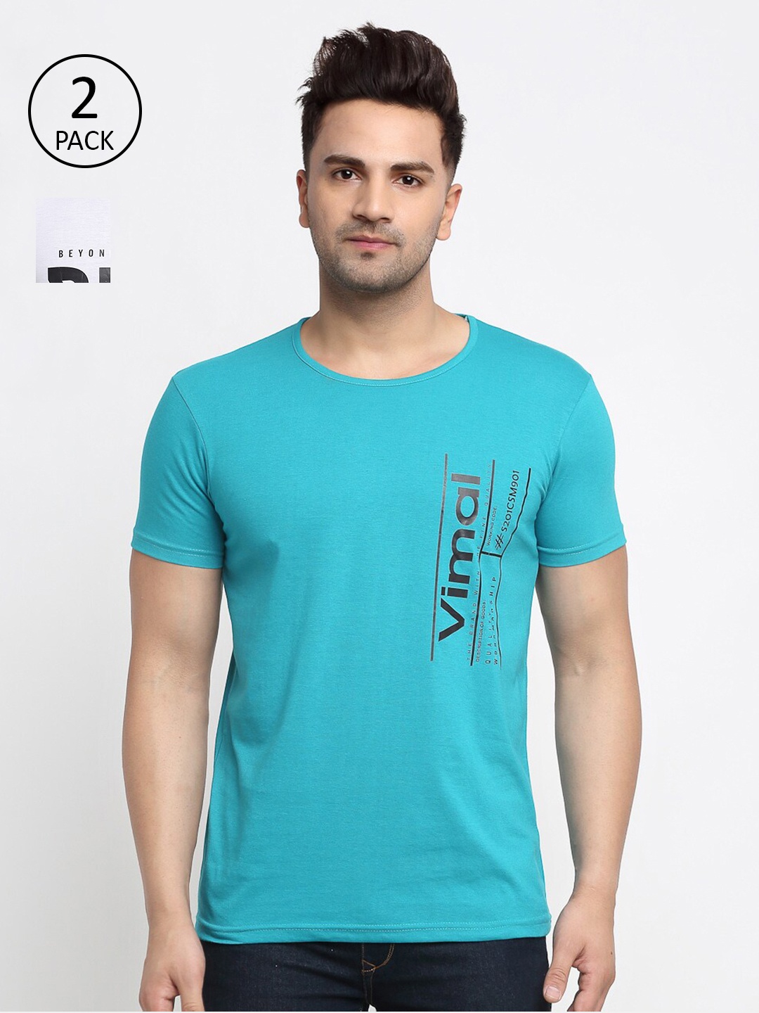 

MACK JONNEY Men Blue & White Pack of 2 Typography Printed T-shirt